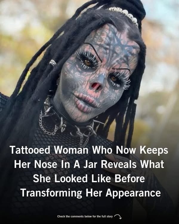 Tattooed woman who keeps her nose in a jar – before and after
